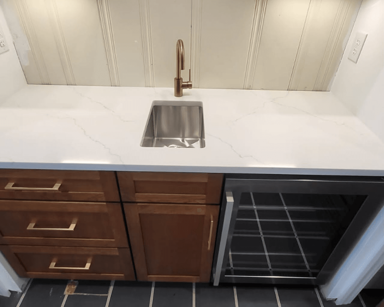 White granite countertop in a kitchen